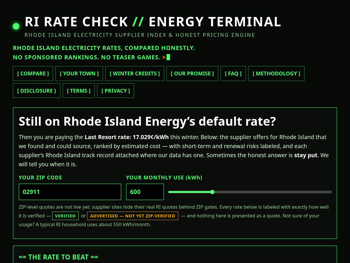 Landing-page snapshot of riratecheck.com