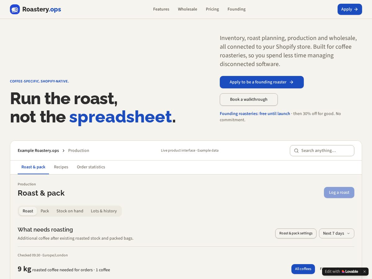 Landing-page snapshot of roastery-ops.com