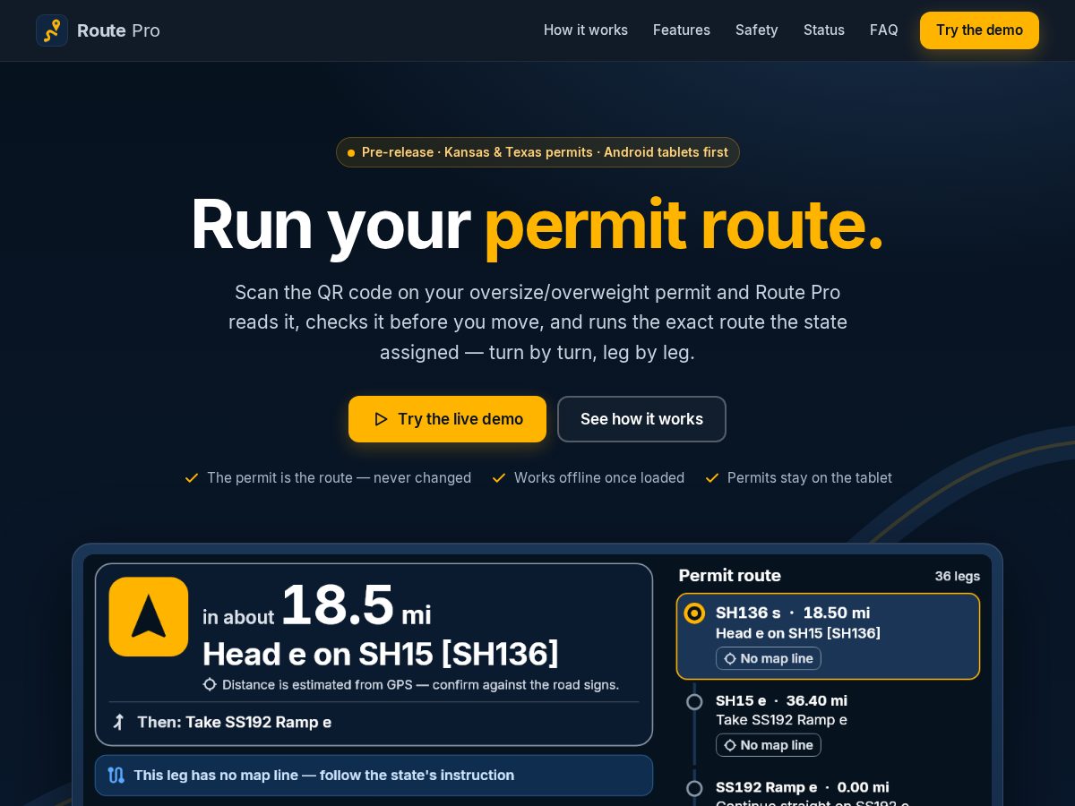 Landing-page snapshot of routepro.dev