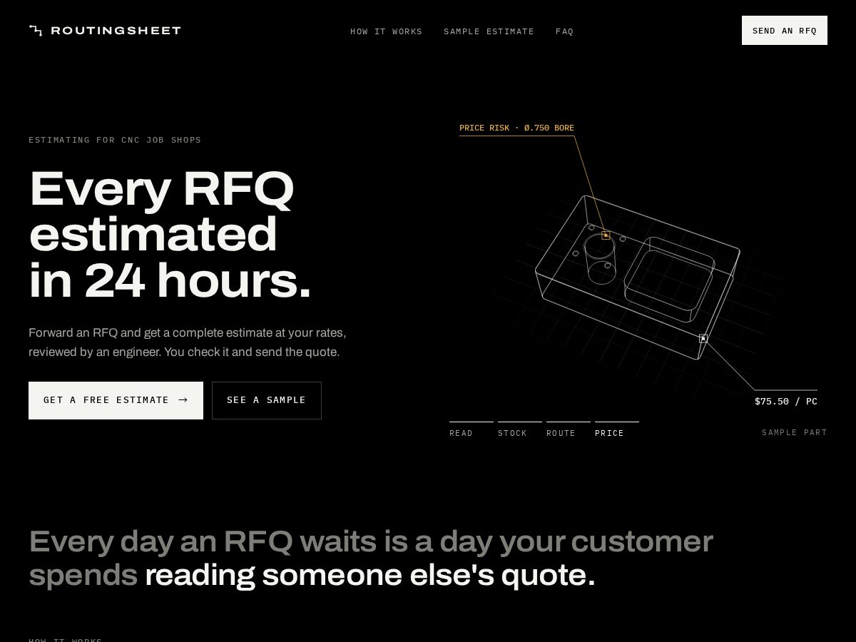 Landing-page snapshot of routingsheet.com