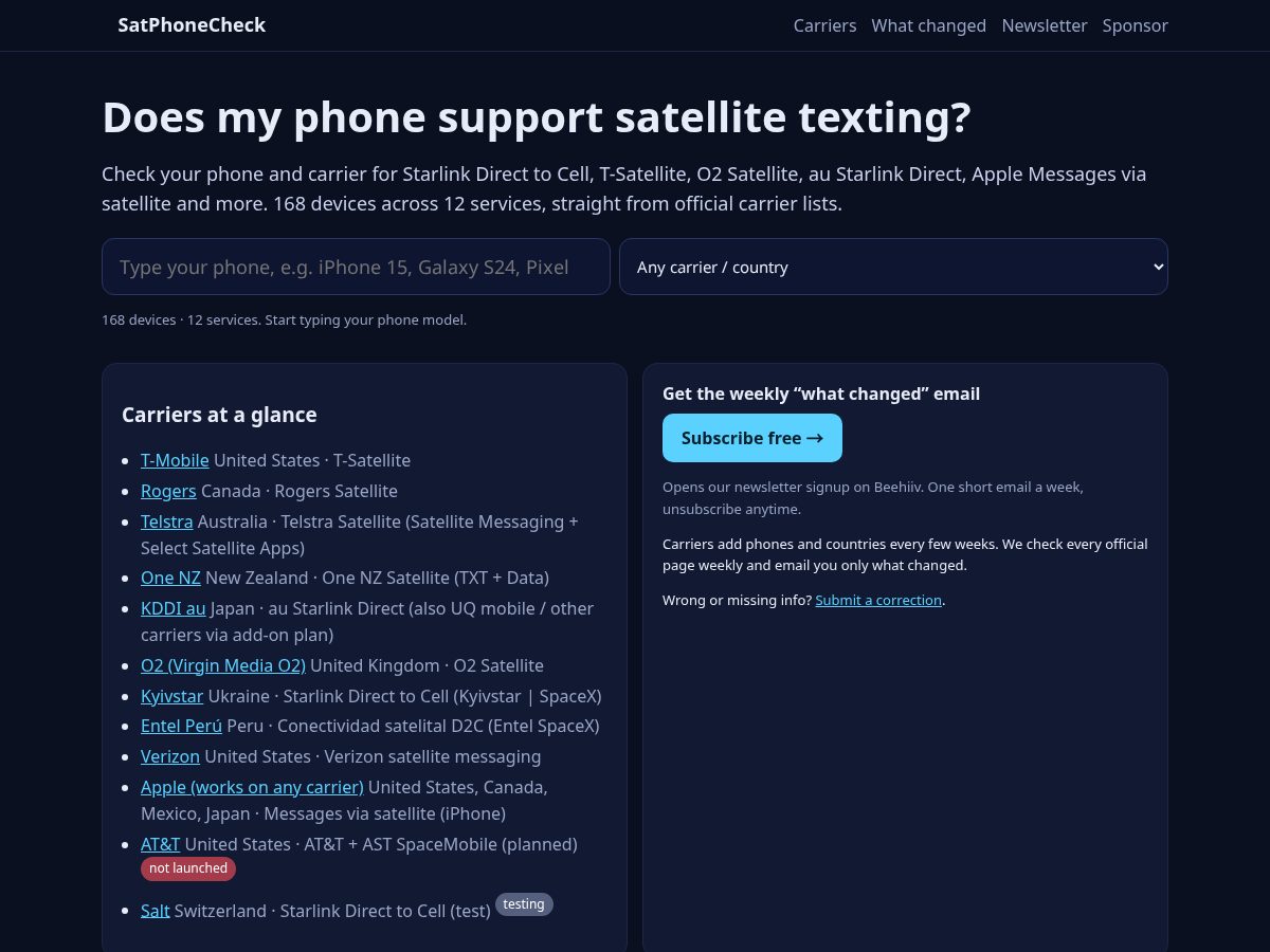 Landing-page snapshot of satphonecheck.com