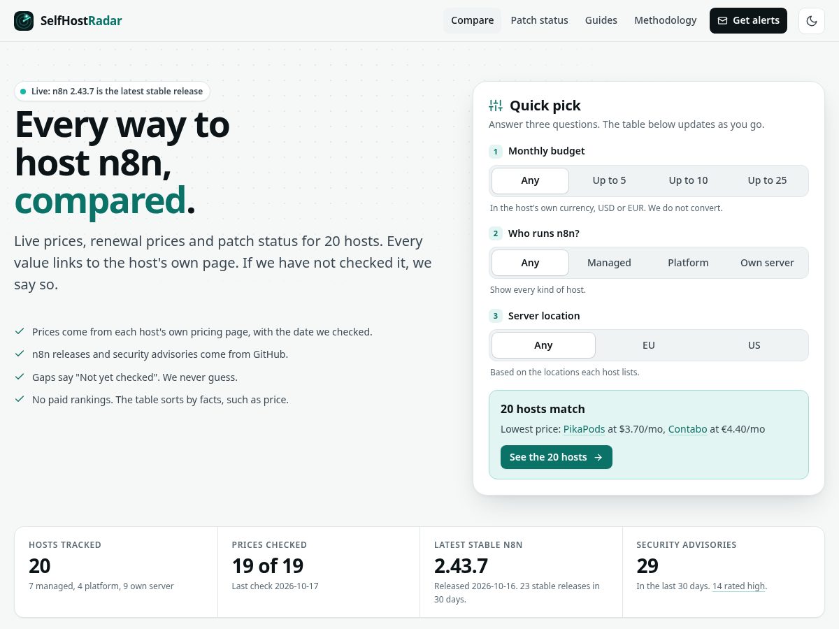 Landing-page snapshot of selfhostradar.com