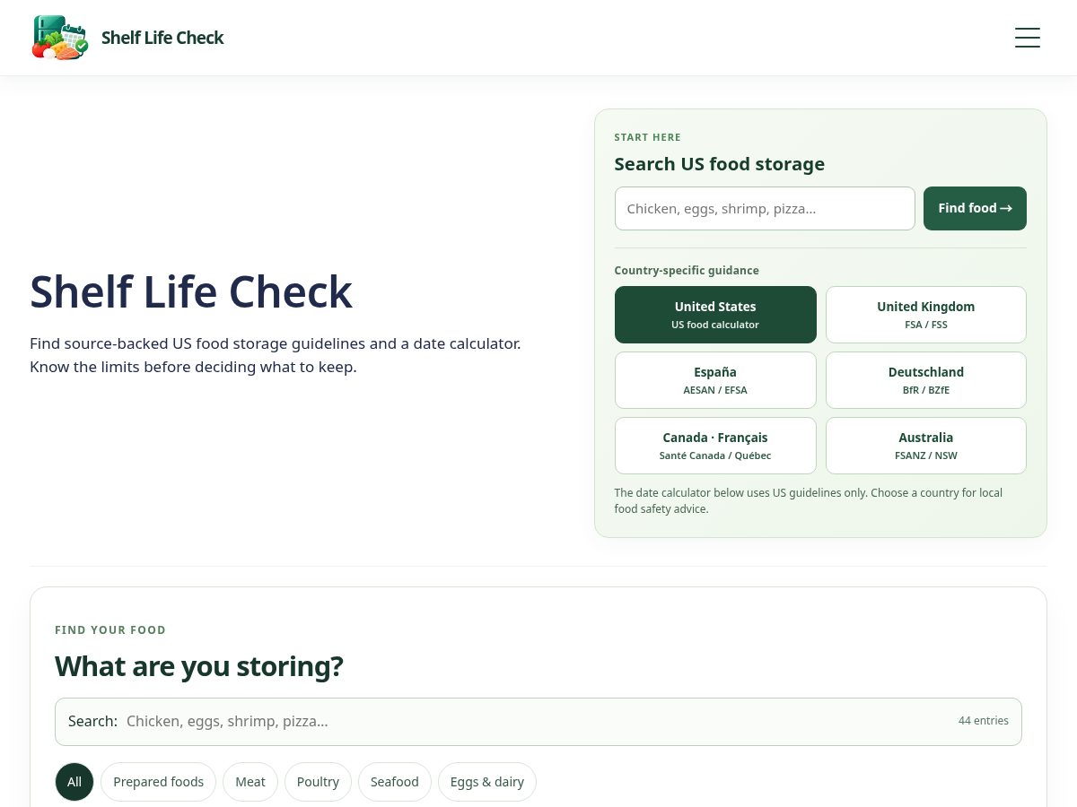 Landing-page snapshot of shelflifecheck.com
