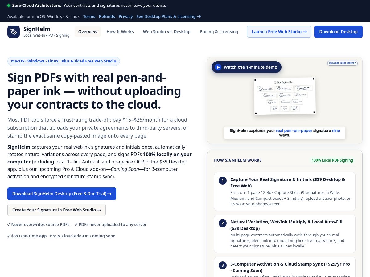 Landing-page snapshot of signhelm.com