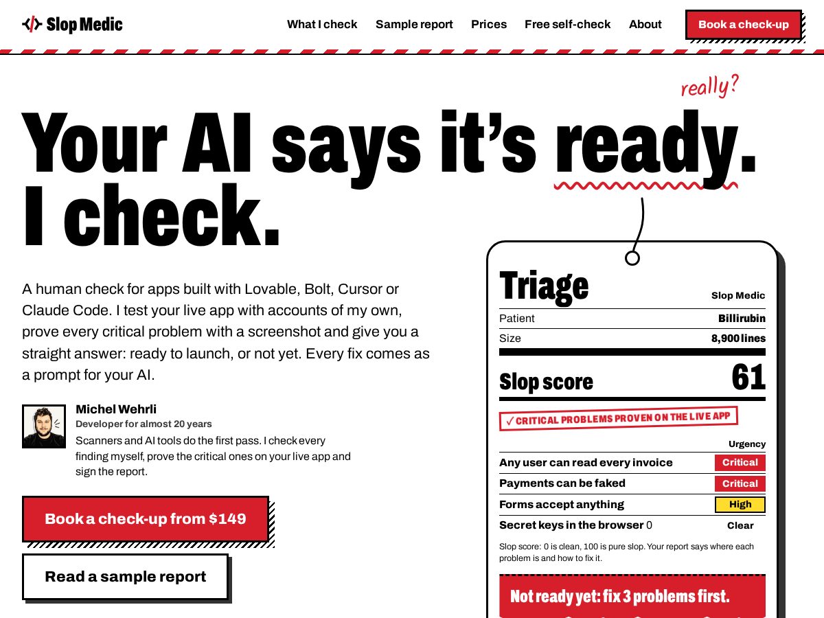 Landing-page snapshot of slopmedic.com