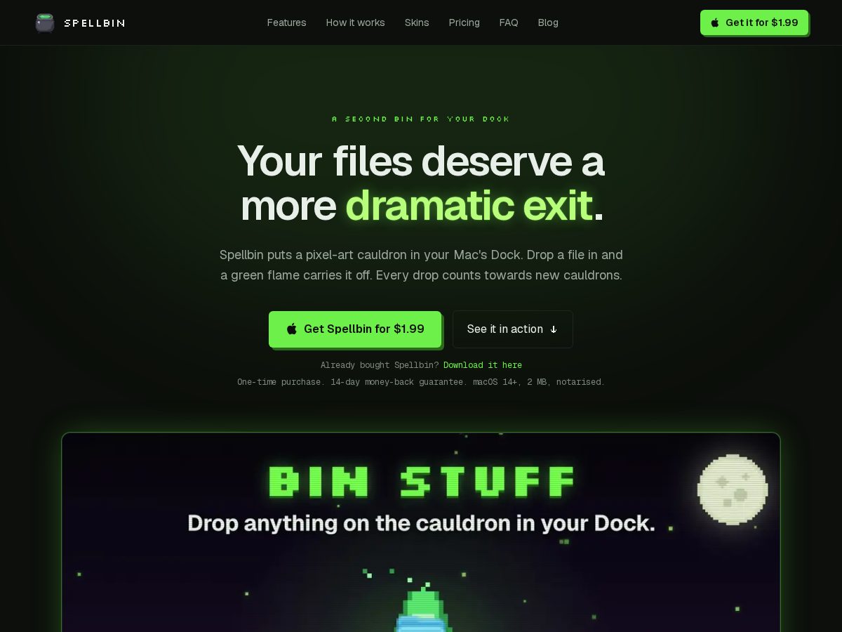 Landing-page snapshot of spellbin.app