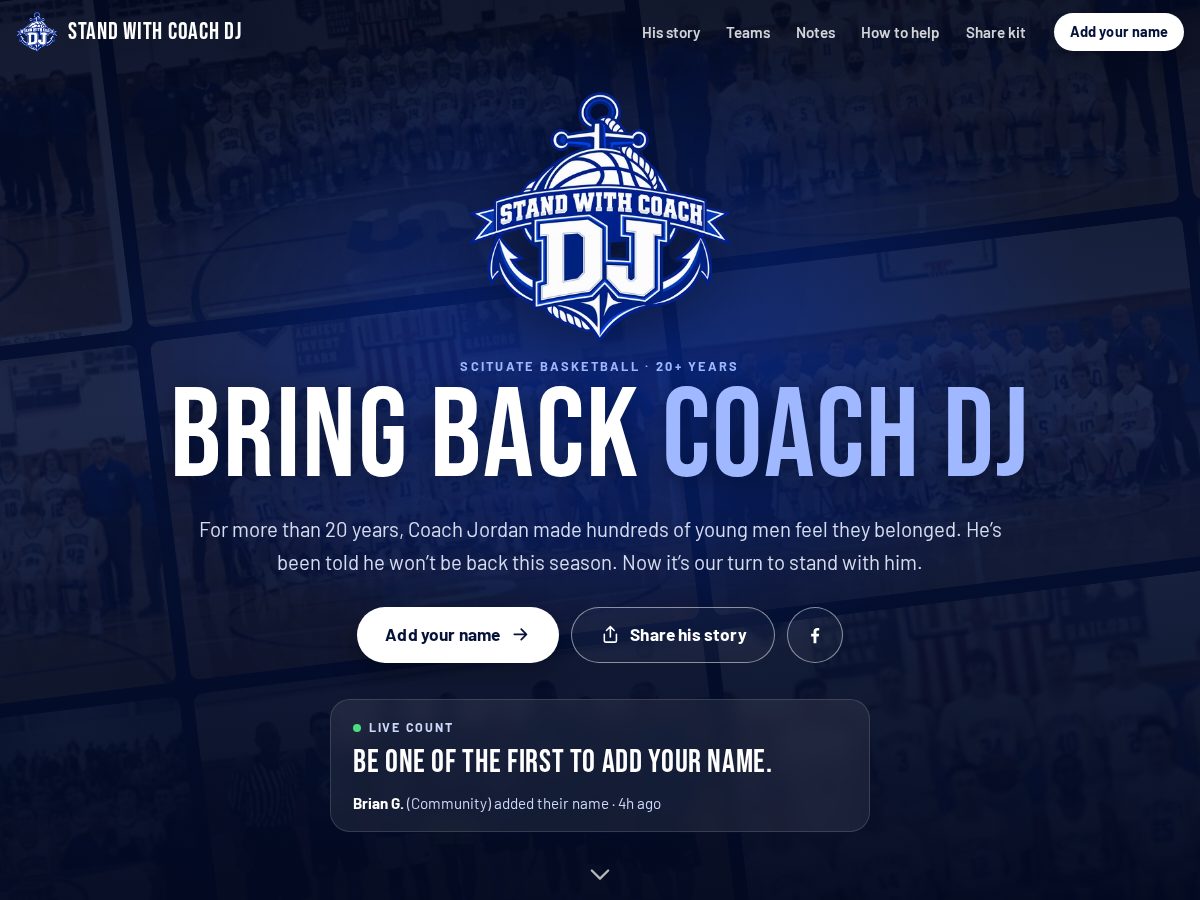Landing-page snapshot of standwithcoachdj.com