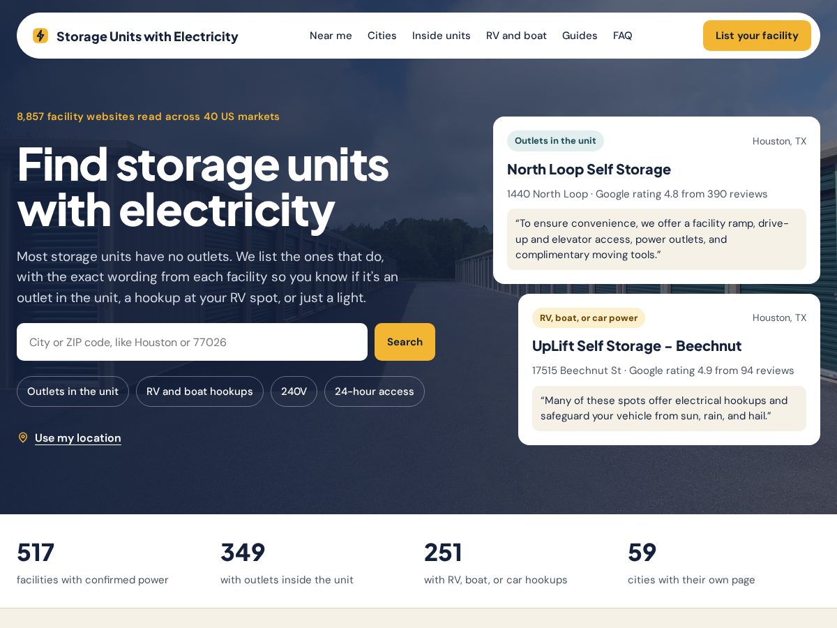 Landing-page snapshot of storageunitswithelectricity.com