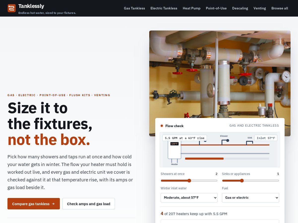 Landing-page snapshot of tanklessly.com
