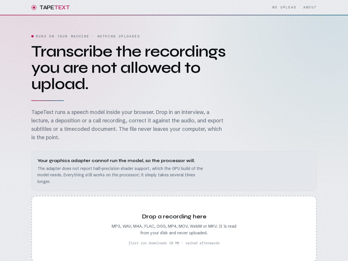 Landing-page snapshot of tapetext.app