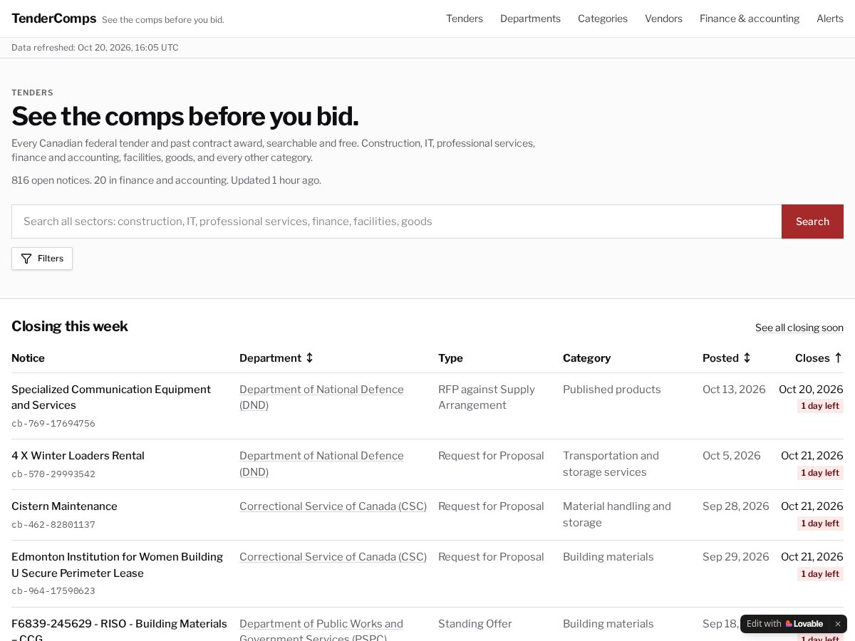 Landing-page snapshot of tendercomps.com