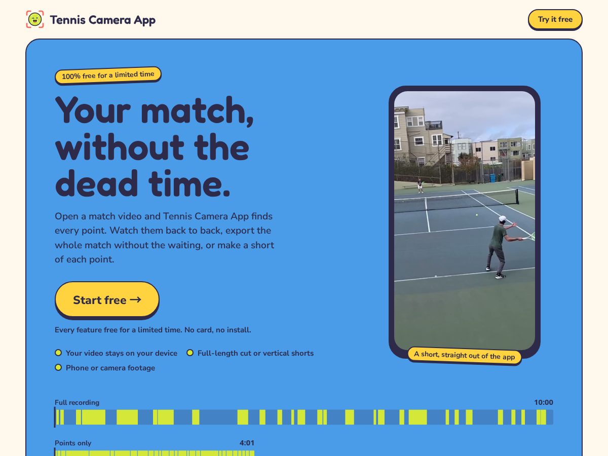 Landing-page snapshot of tenniscamera.app