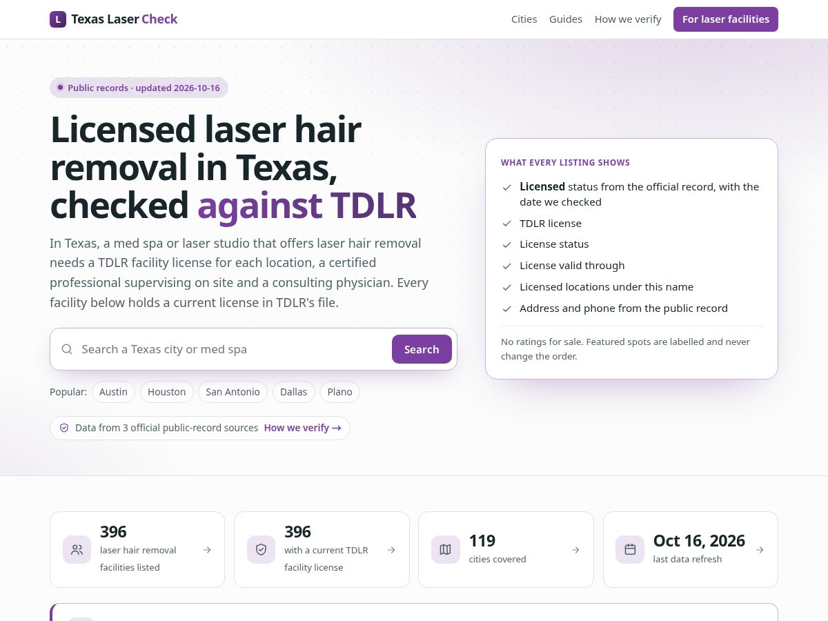 Landing-page snapshot of texaslasercheck.com
