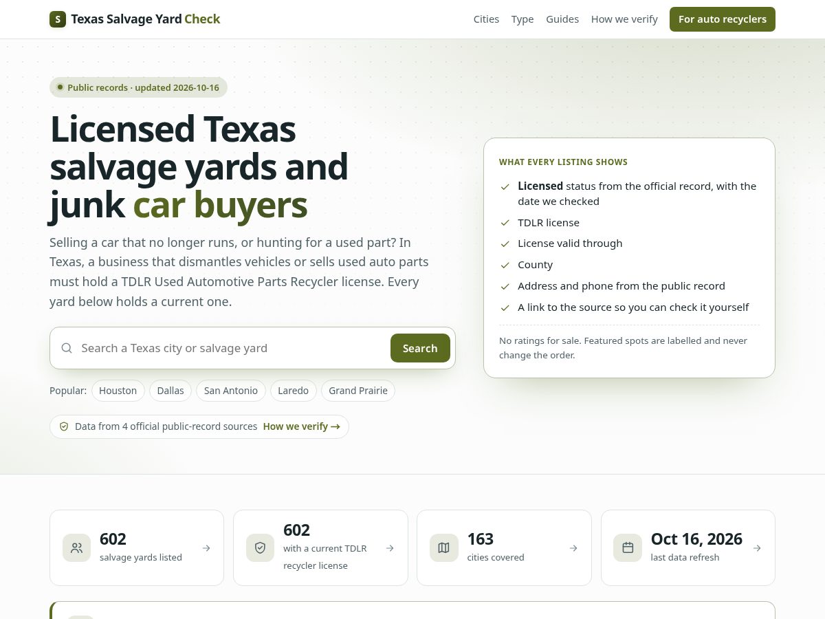 Landing-page snapshot of texassalvageyards.com
