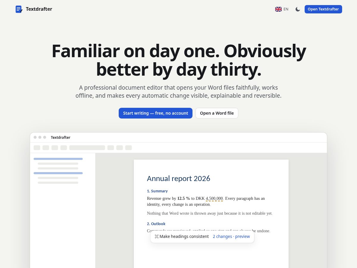 Landing-page snapshot of textdrafter.com