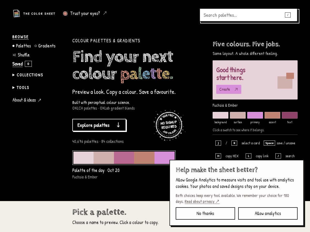 Landing-page snapshot of thecolorsheet.com