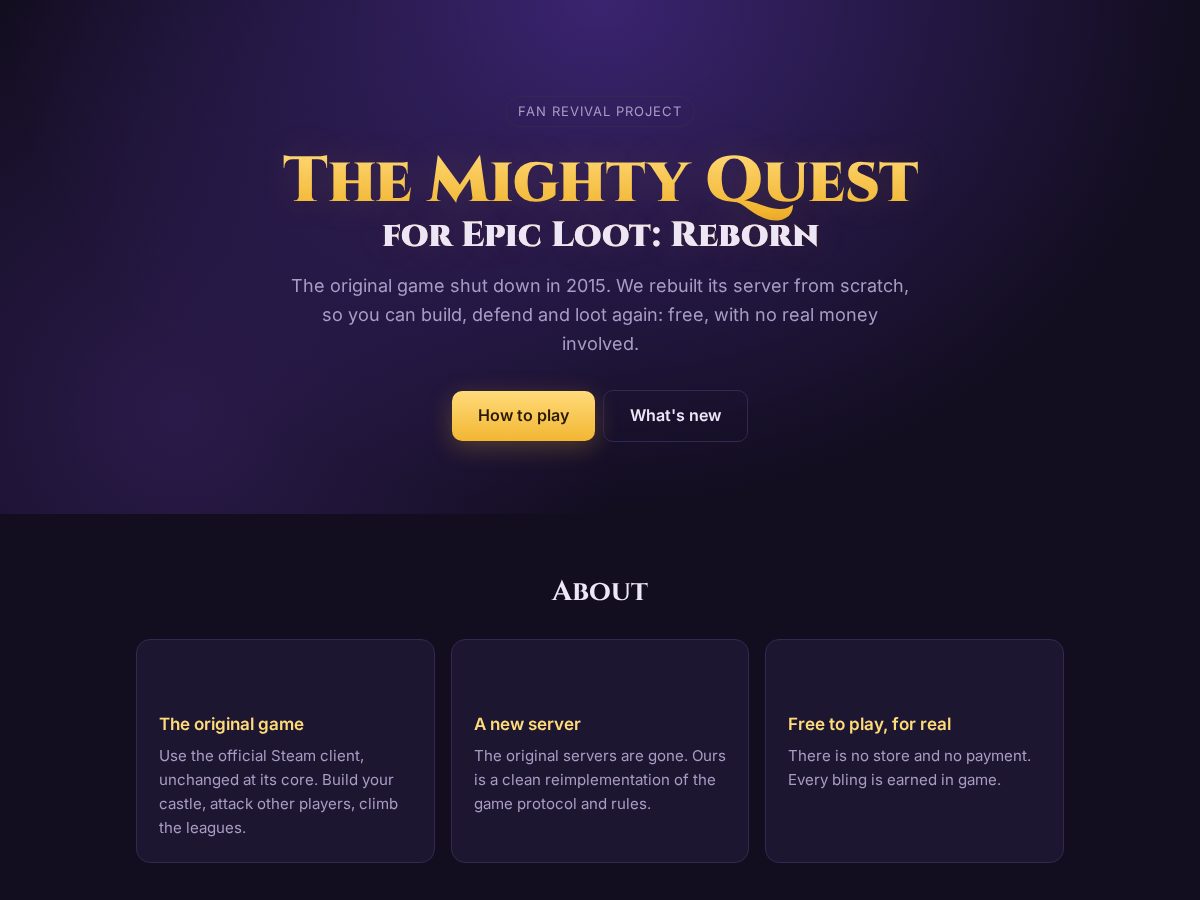 Landing-page snapshot of themightyquest-reborn.com