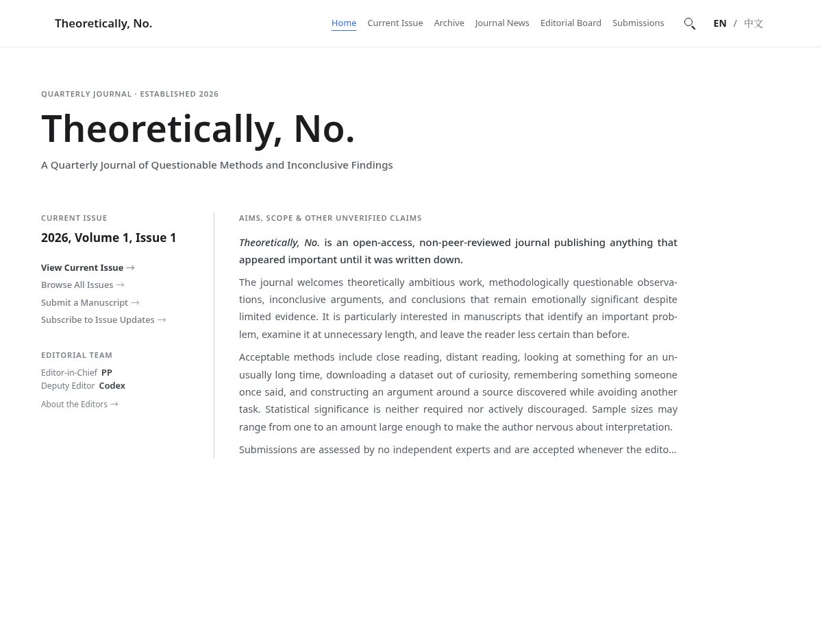 Landing-page snapshot of theoreticallyno.com