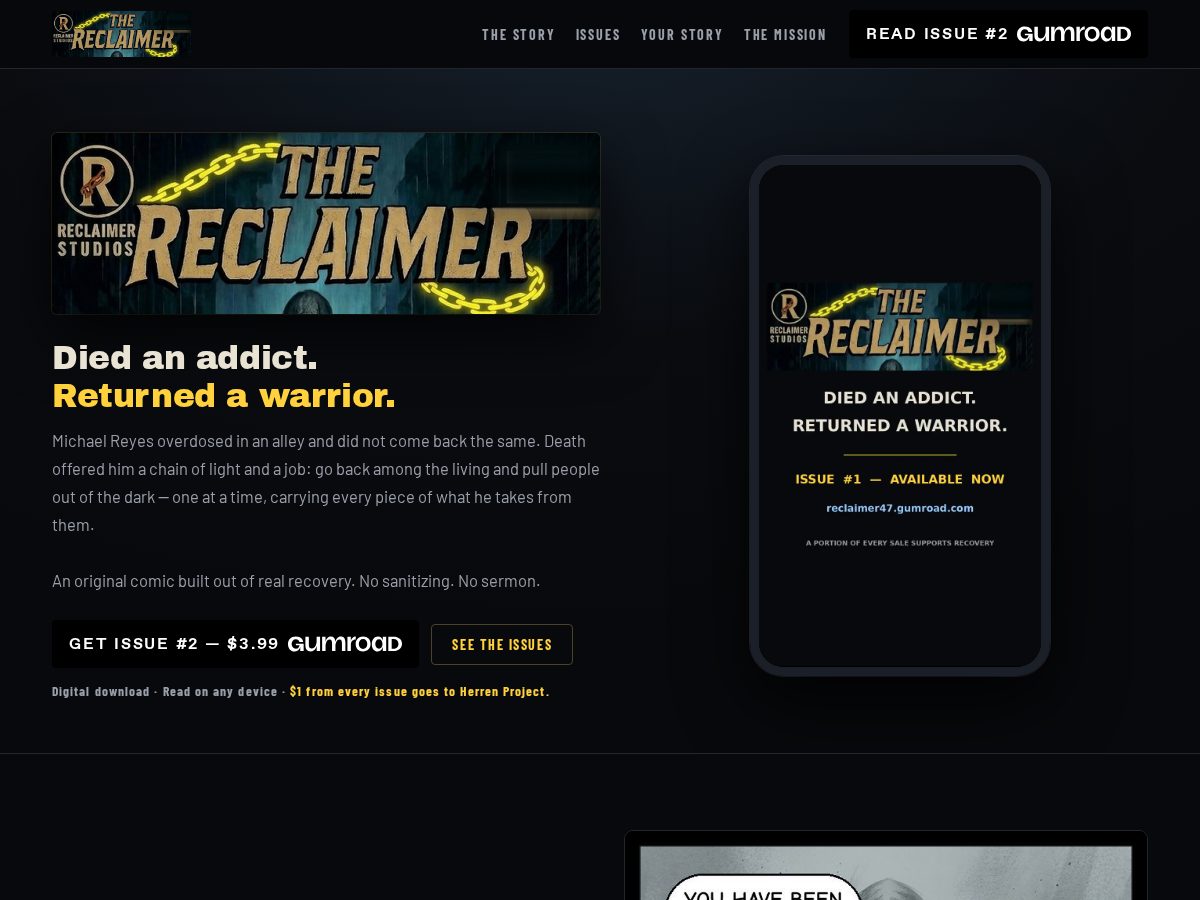 Landing-page snapshot of thereclaimercomics.com