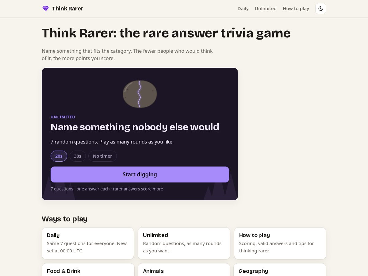 Landing-page snapshot of thinkrarer.com