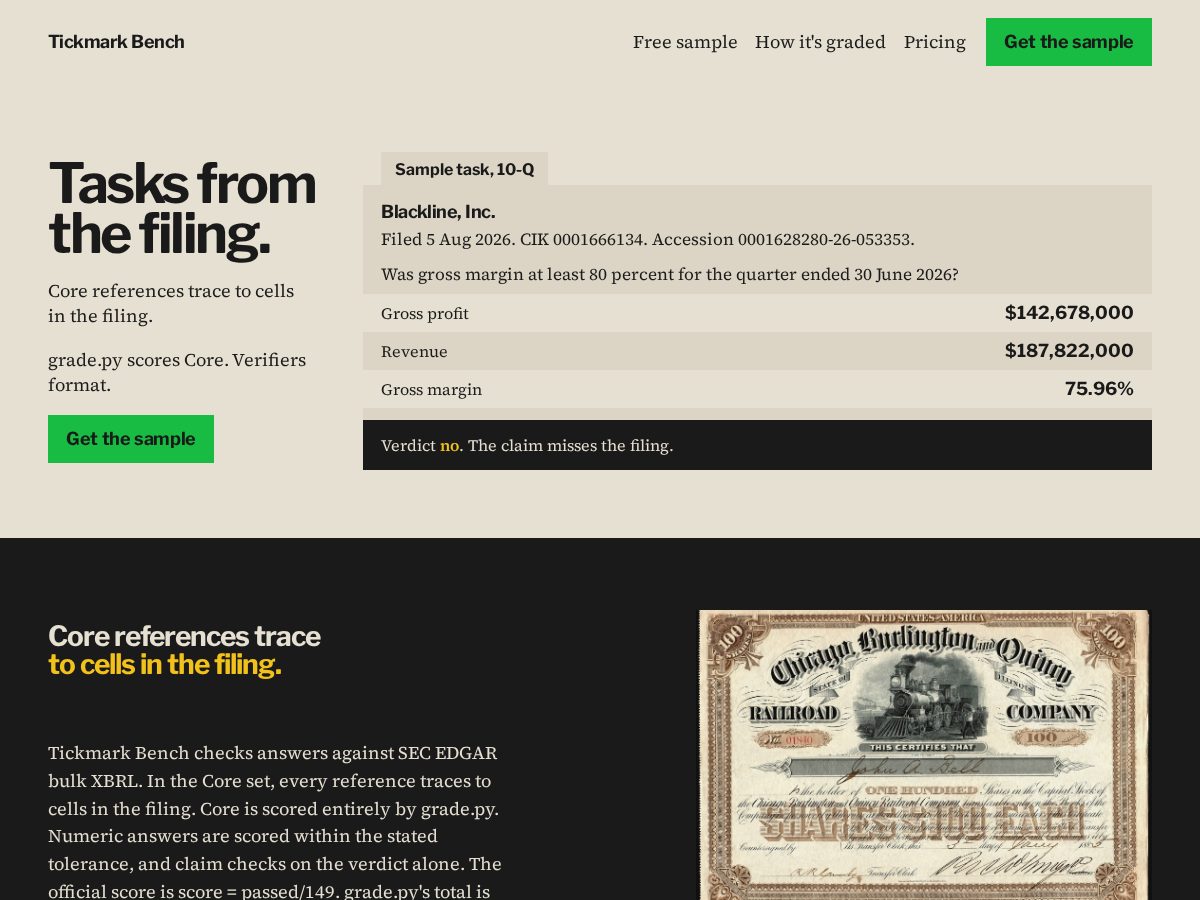 Landing-page snapshot of tickmarkbench.com