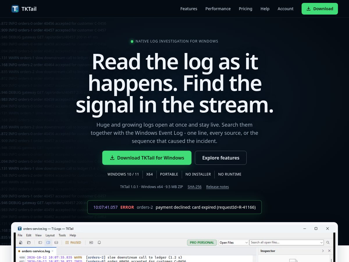 Landing-page snapshot of tktail.dev