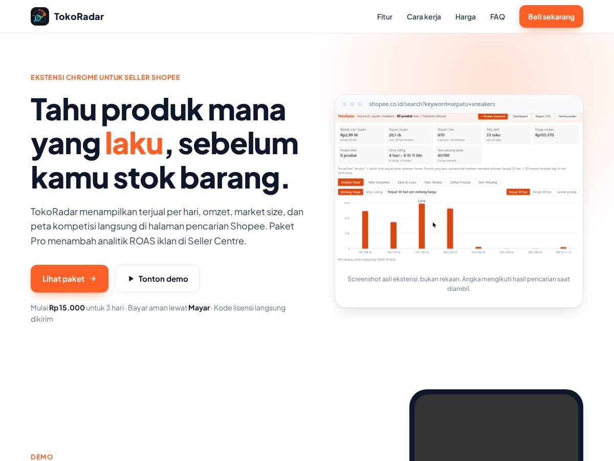 Landing-page snapshot of tokoradar.com