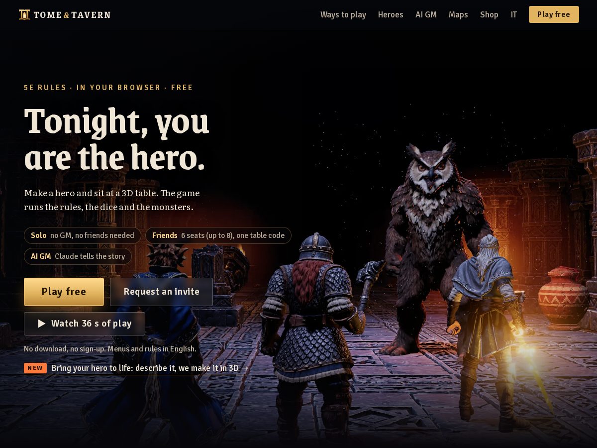 Landing-page snapshot of tomeandtavern.com