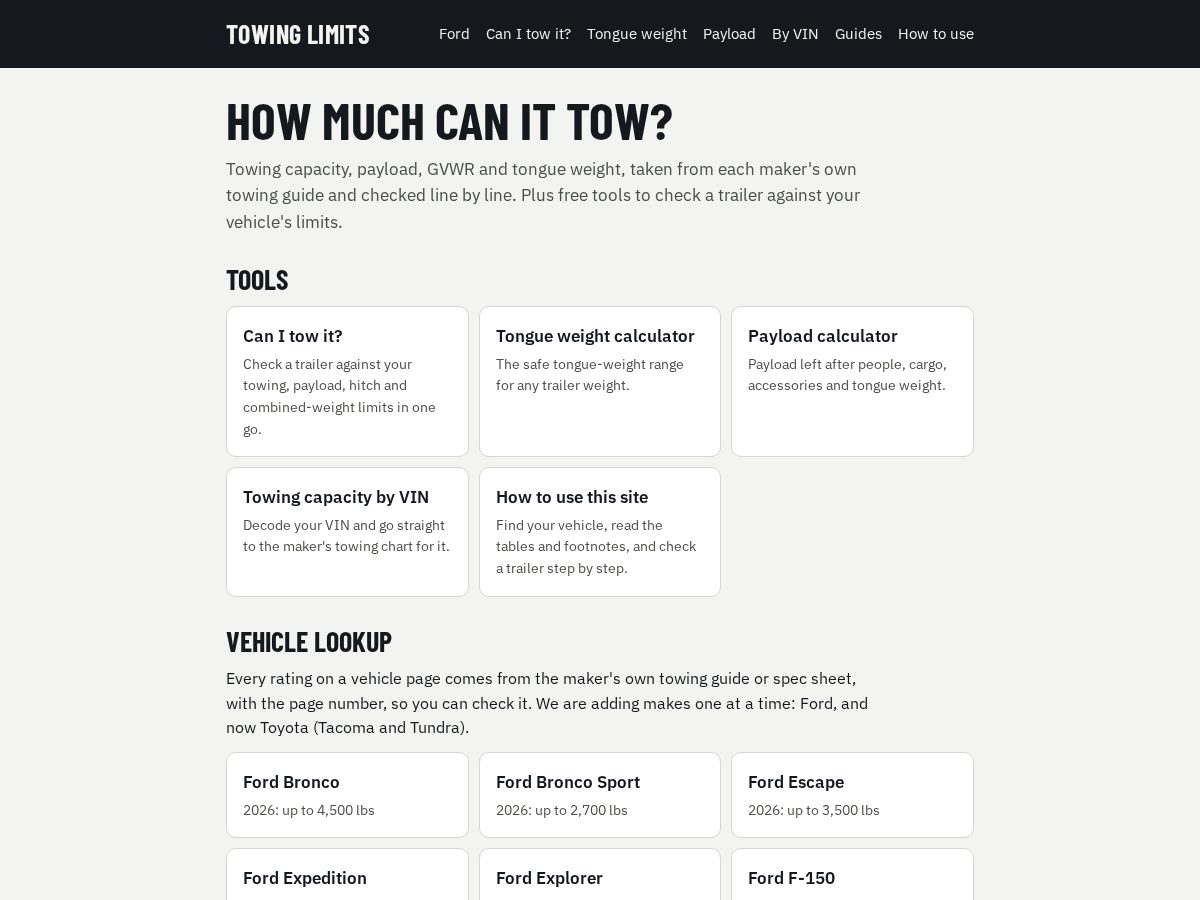 Landing-page snapshot of towinglimits.com