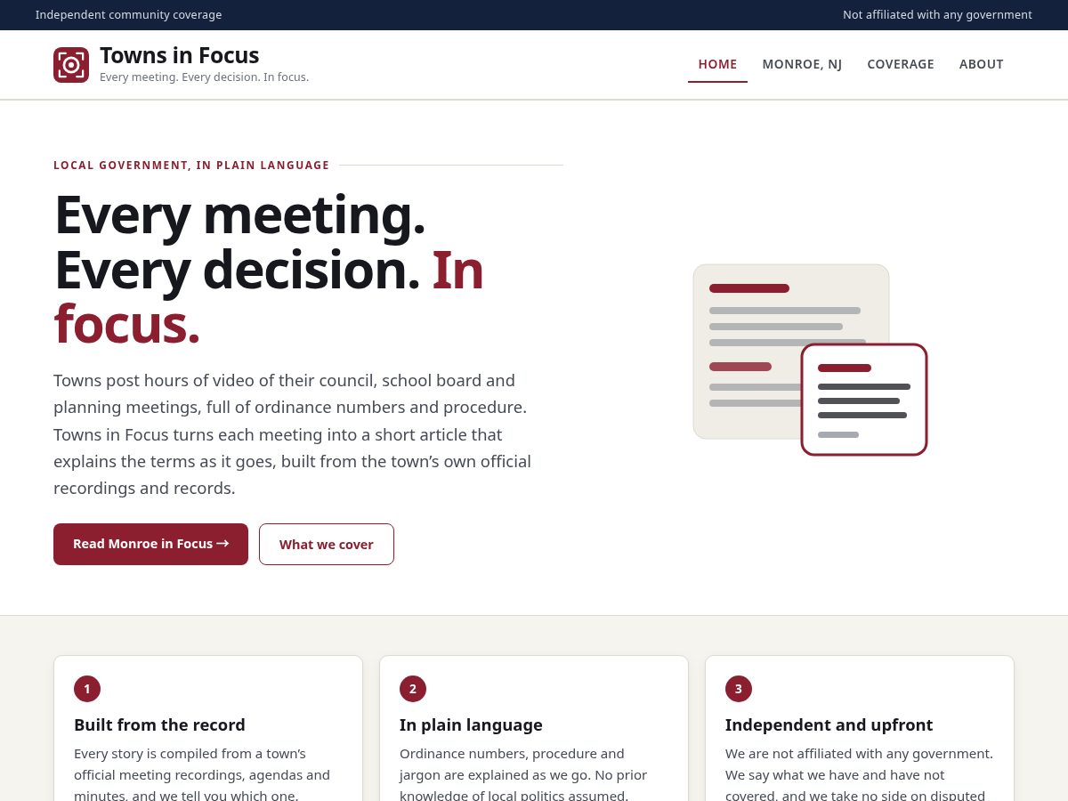 Landing-page snapshot of townsinfocus.com