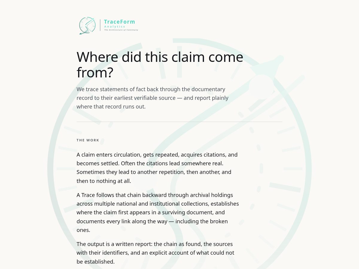 Landing-page snapshot of traceformanalytics.com
