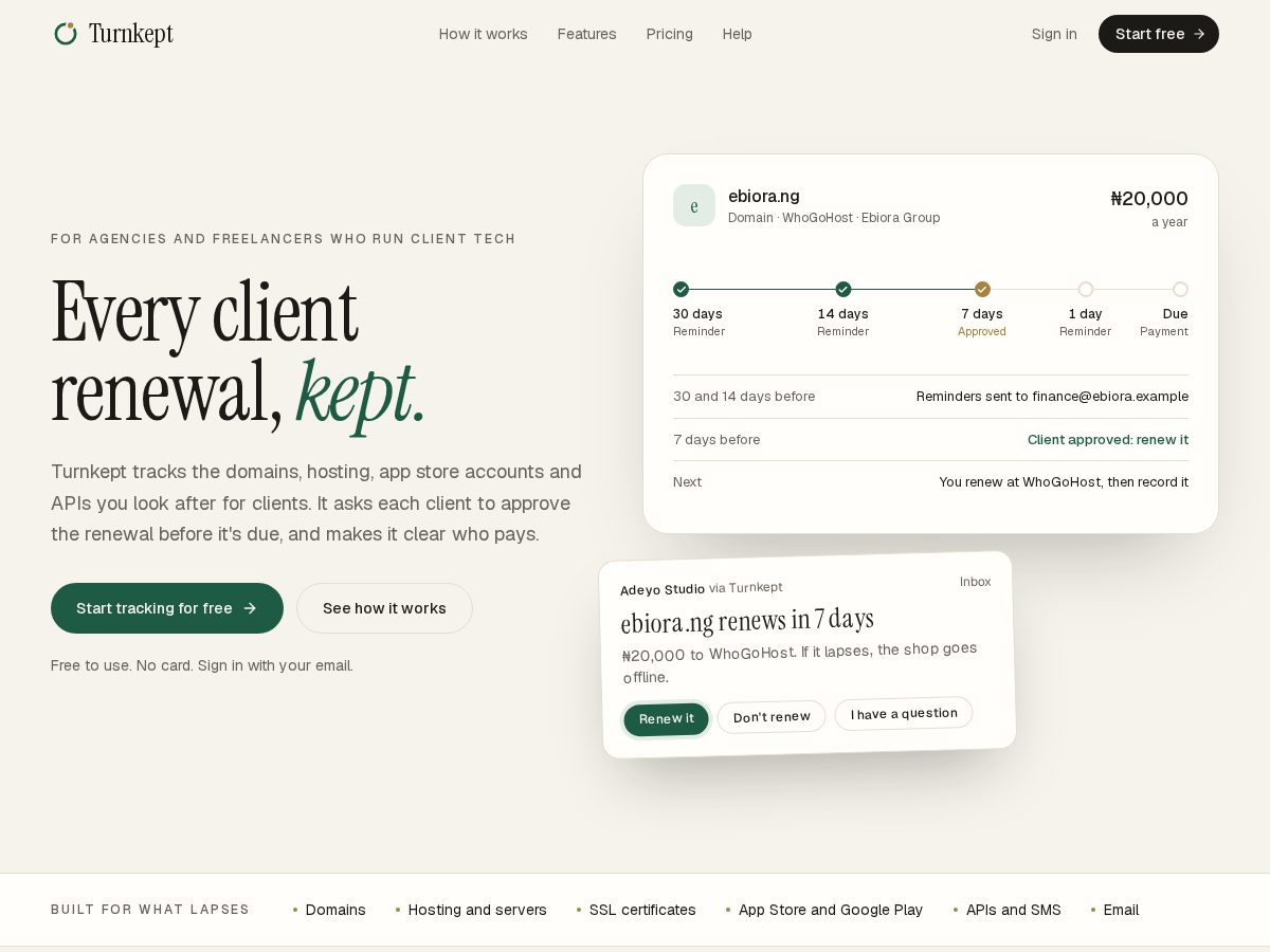 Landing-page snapshot of turnkept.com
