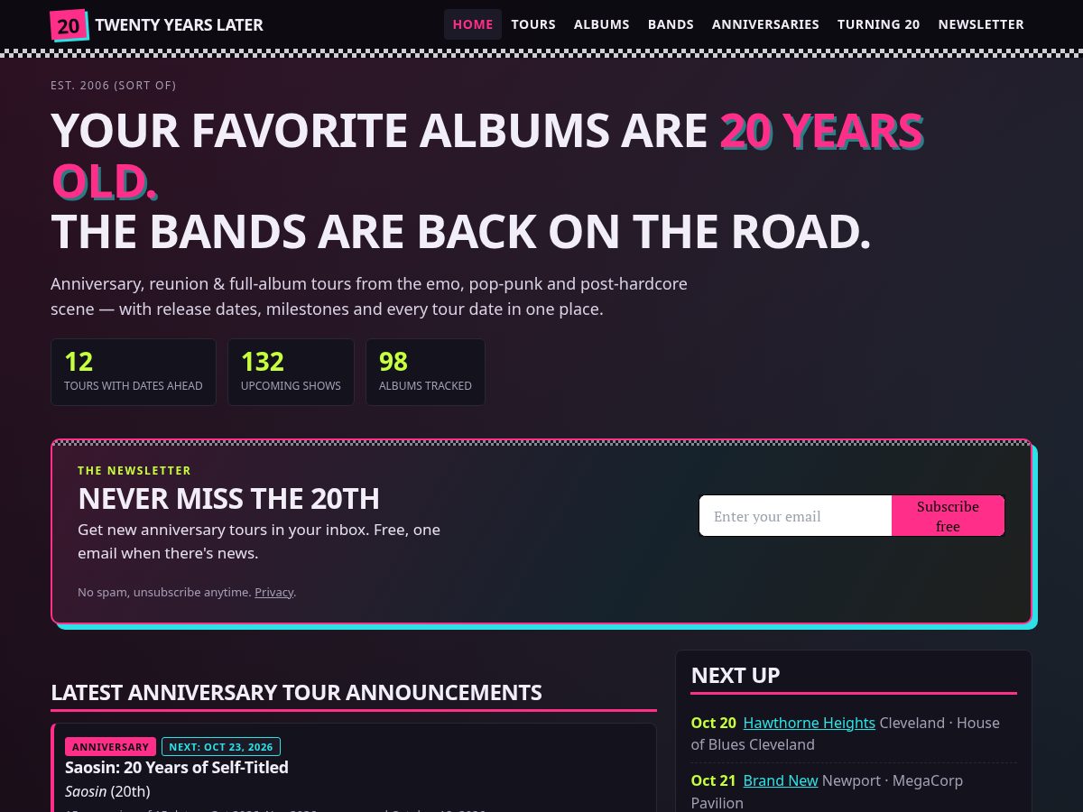 Landing-page snapshot of twentyyearslatertours.com