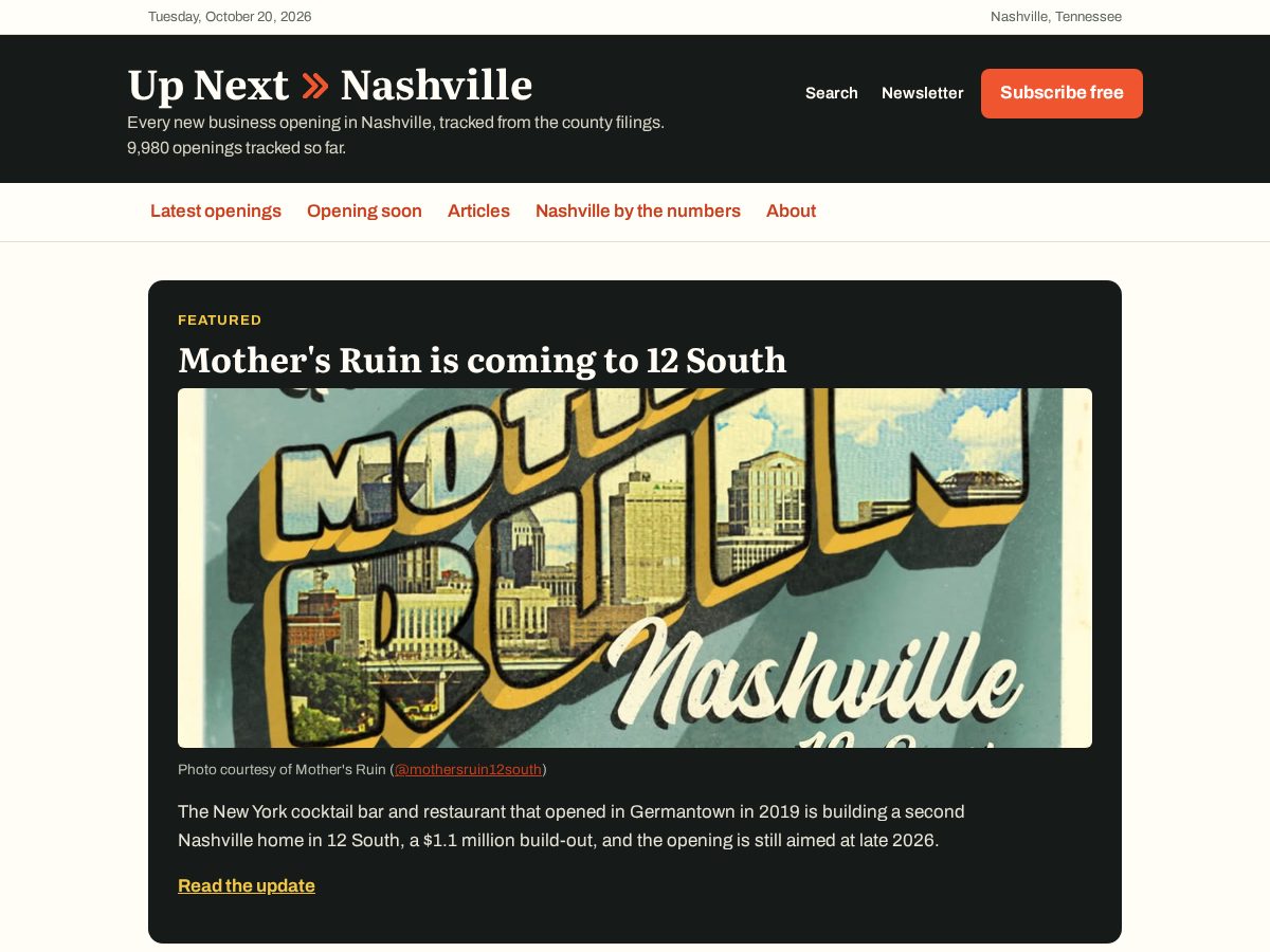 Landing-page snapshot of upnextnashville.com