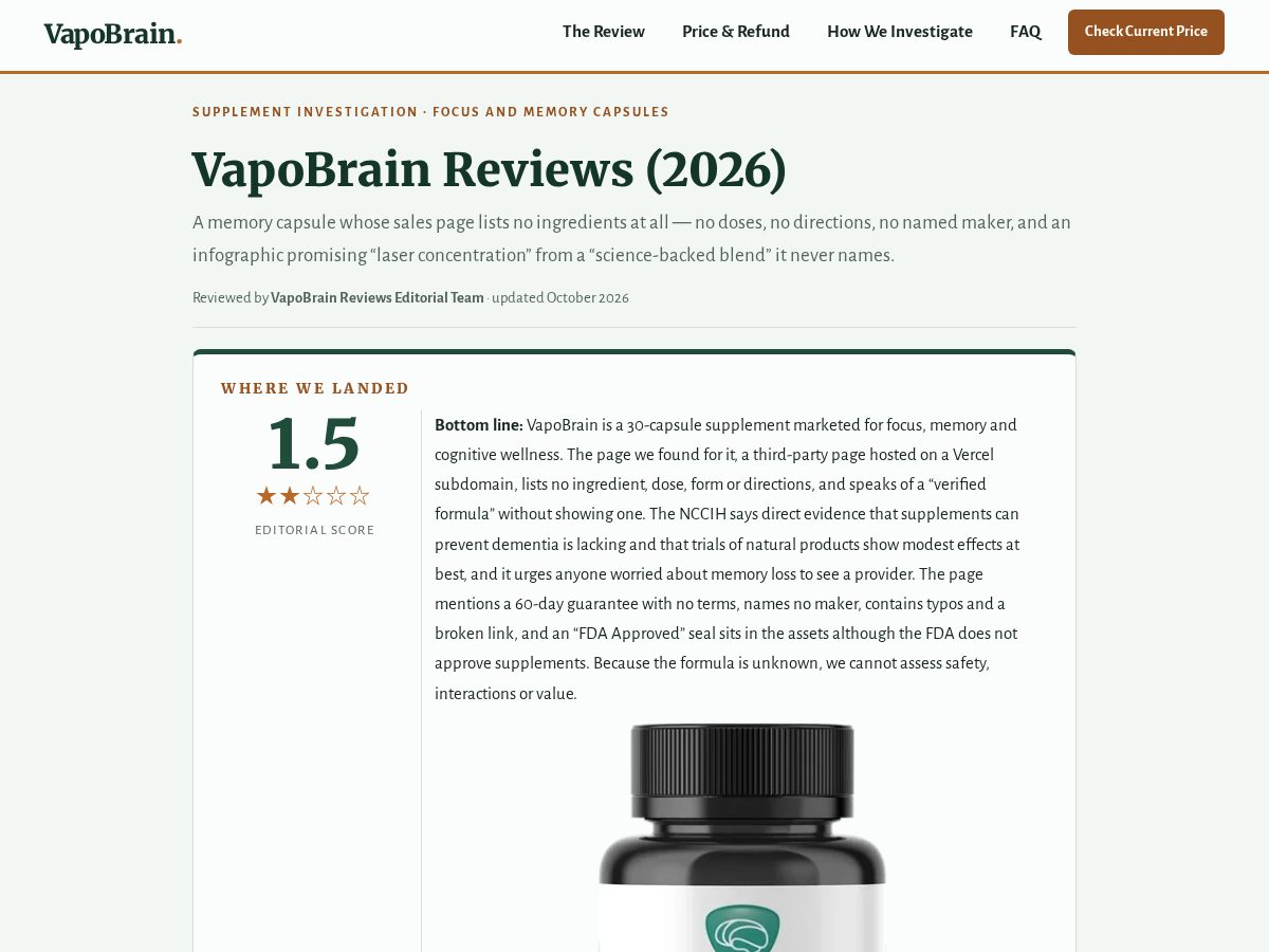 Landing-page snapshot of vapobrainreviews.com