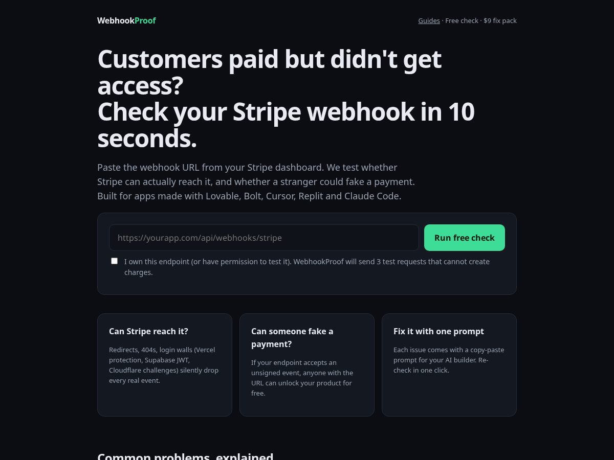 Landing-page snapshot of webhookproof.com