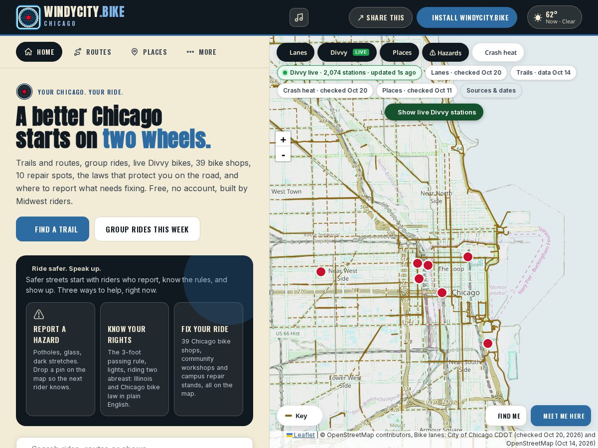 Landing-page snapshot of windycity.bike