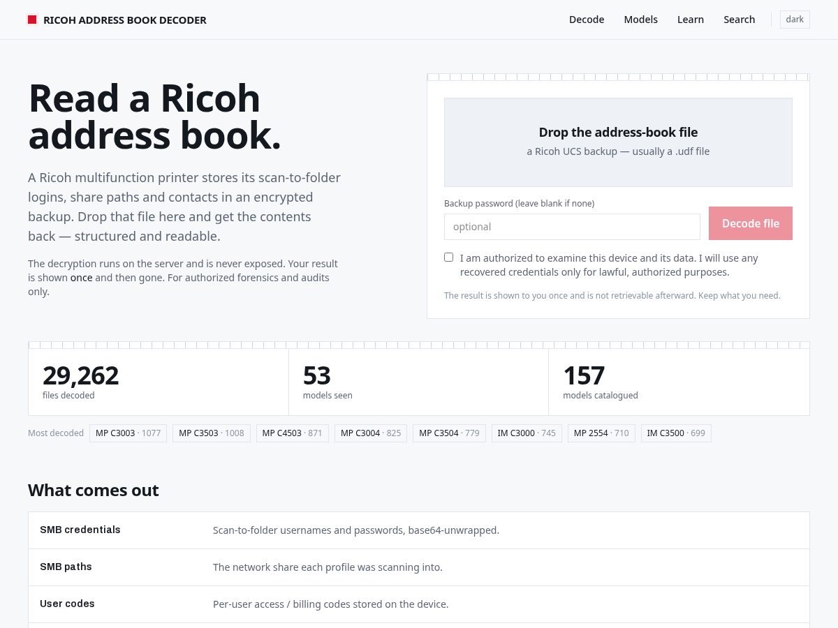 Landing-page snapshot of addressbookdecoder.com