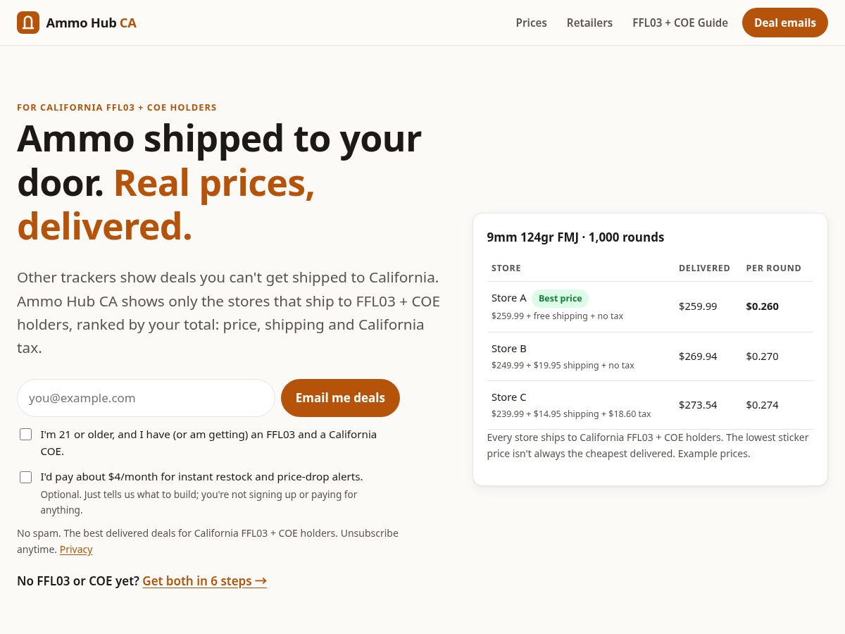 Landing-page snapshot of ammohubca.com
