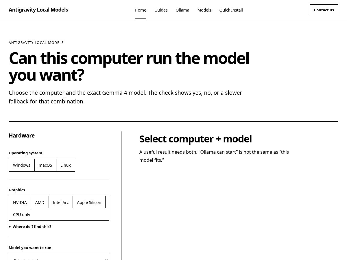 Landing-page snapshot of antigravitylocalmodels.com