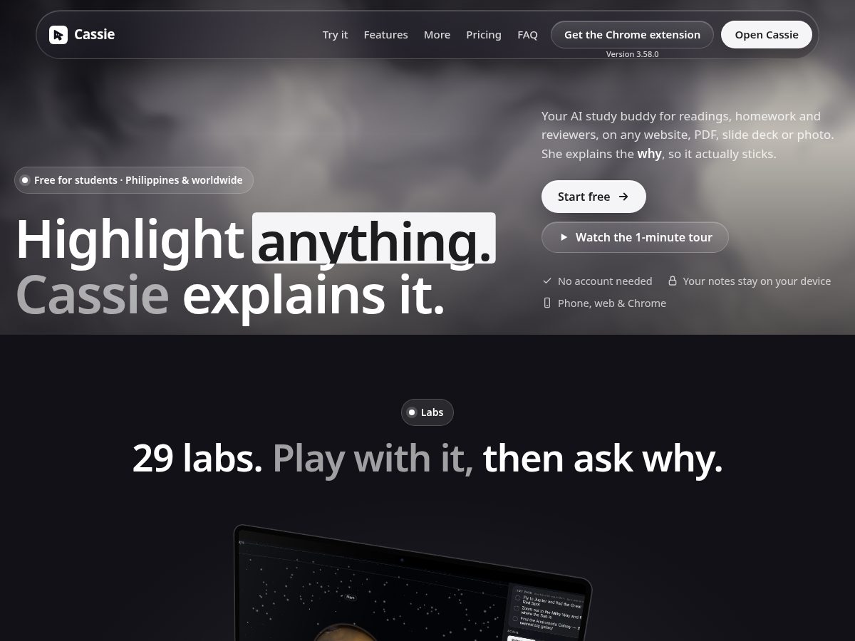Landing-page snapshot of askcassie.study