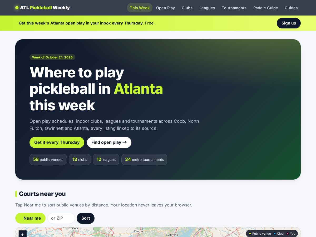 Landing-page snapshot of atlpickleballweekly.com