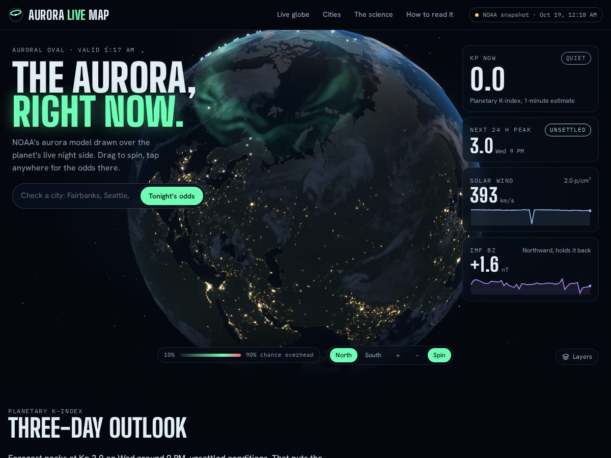 Landing-page snapshot of auroralivemap.com