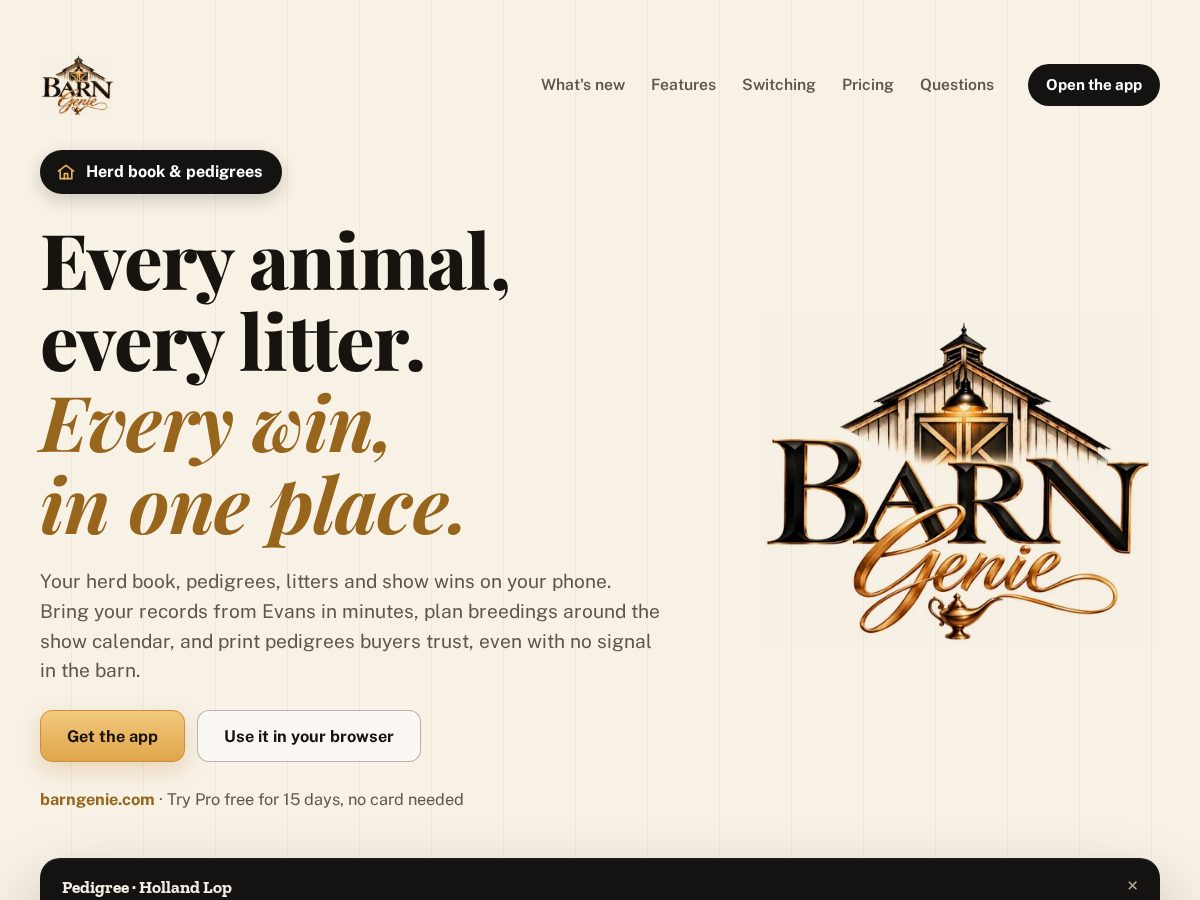 Landing-page snapshot of barngenie.com