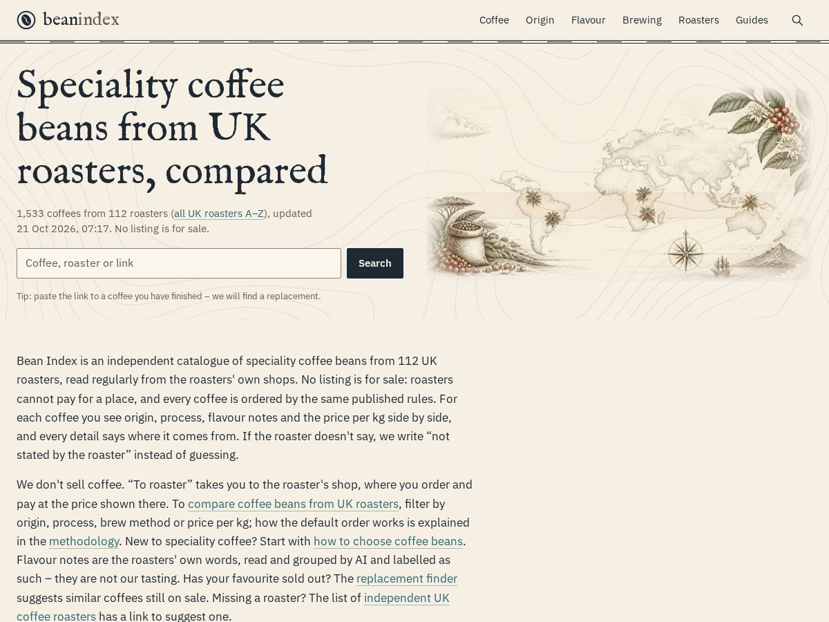 Landing-page snapshot of beanindex.coffee