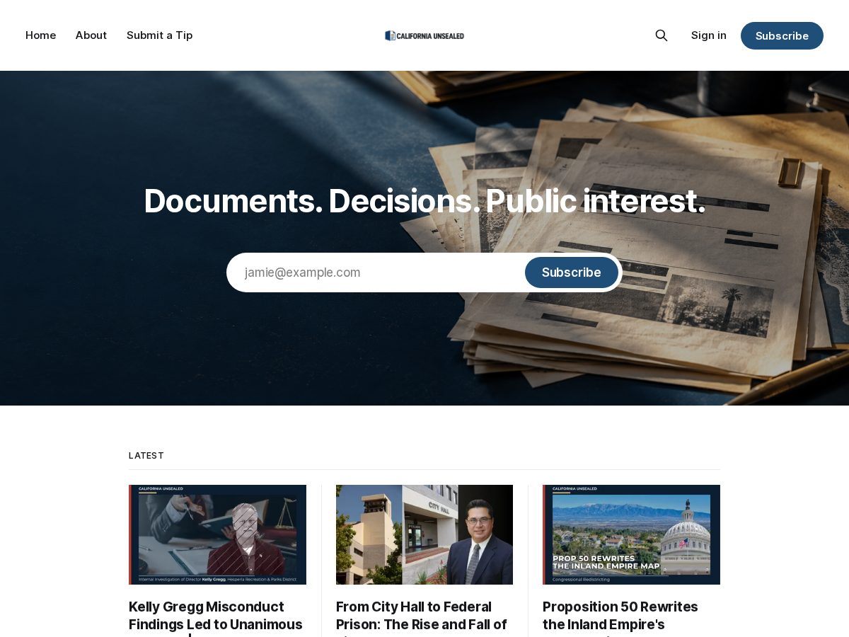 Landing-page snapshot of californiaunsealed.com