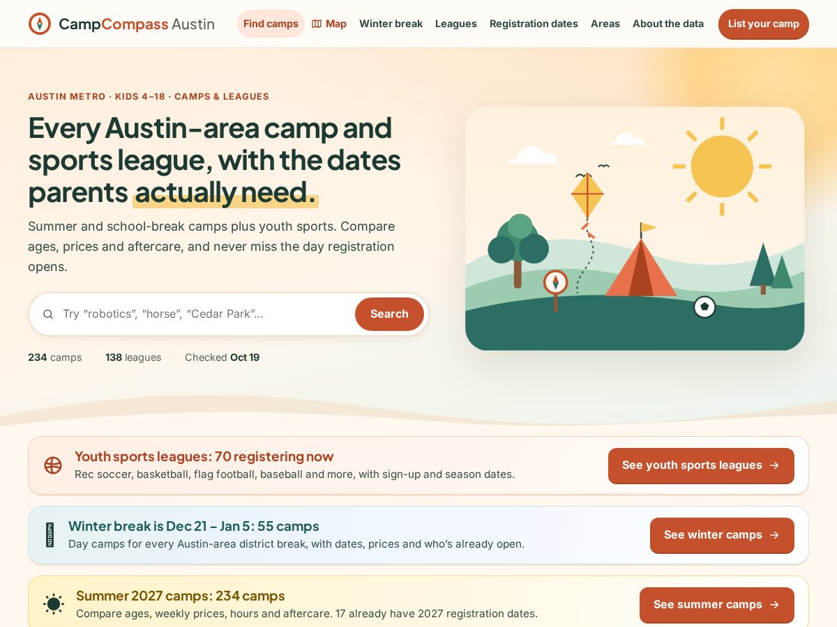 Landing-page snapshot of campcompassatx.com