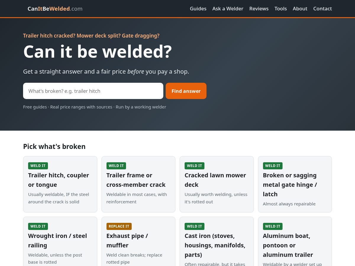 Landing-page snapshot of canitbewelded.com