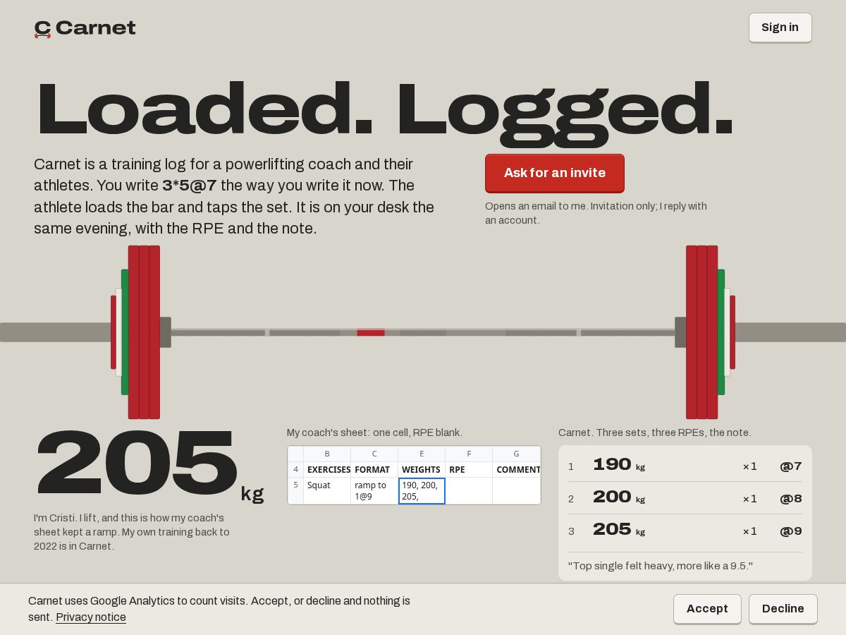 Landing-page snapshot of carnet.coach