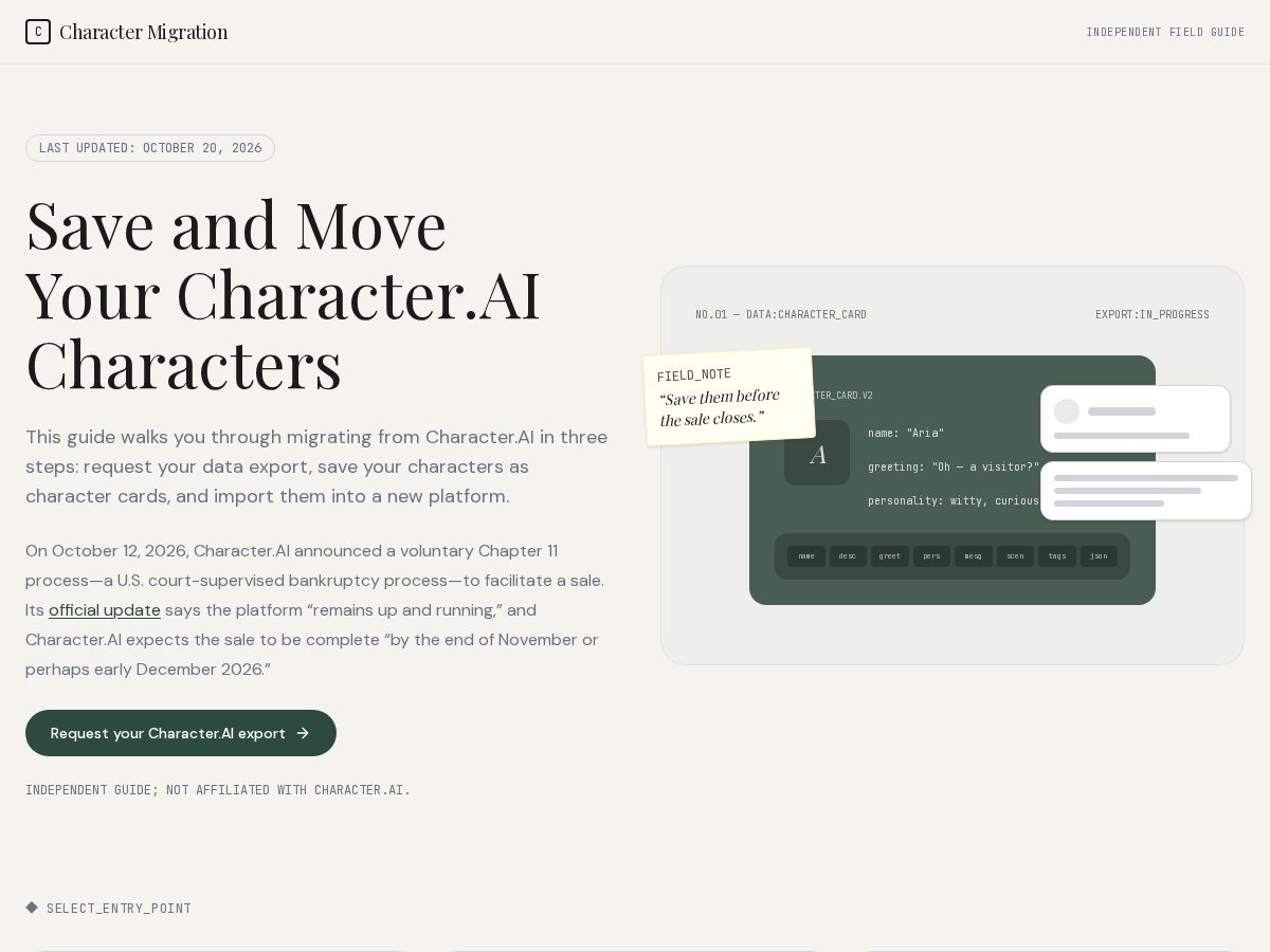 Landing-page snapshot of charactermigration.com